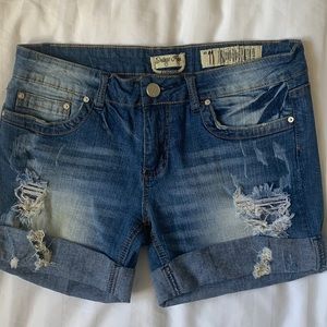 Indigo Rein distressed cuffed faded jean shorts